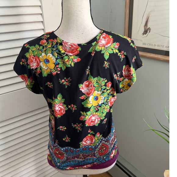 JOHNNY WAS Top Womens XS Black Floral Spark Dolman Stretch Jersey Bohemian - Picture 5 of 10